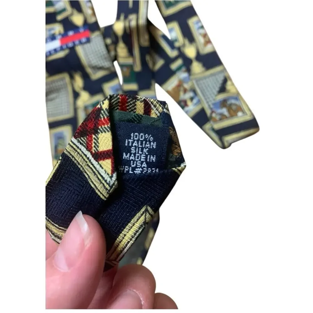 Tommy Hilfiger tie horse derby Italian silk Black art frame Gold Trophy Necktie